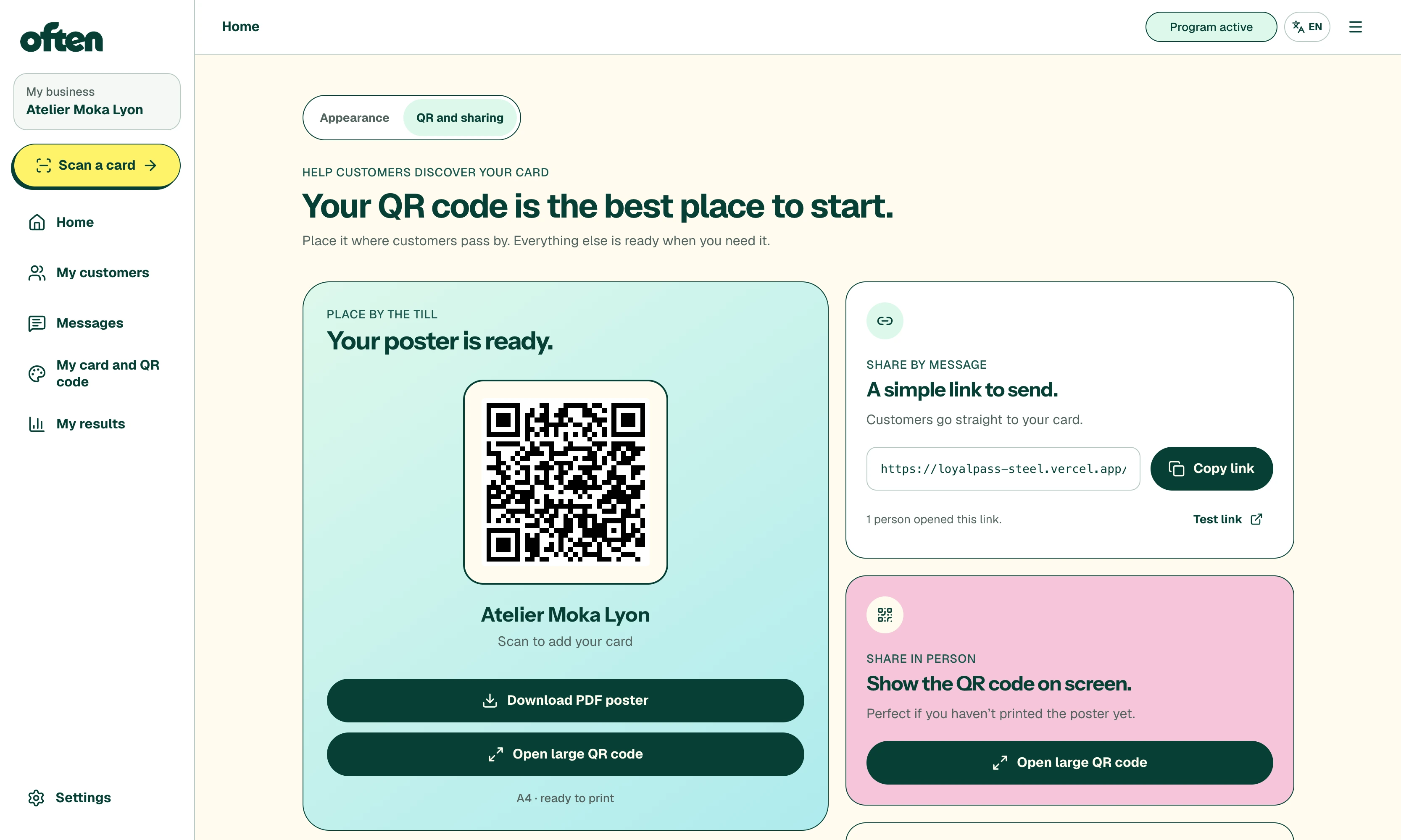 Often counter journey with QR code and loyalty card added on mobile