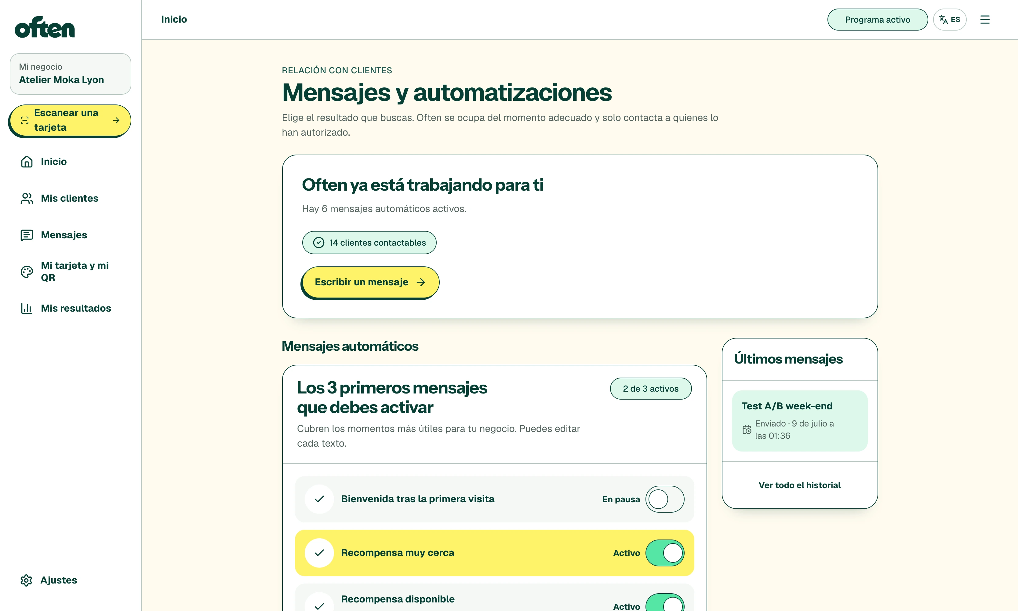 Mensajes automáticos de Often con recorridos de bienvenida y cumpleaños