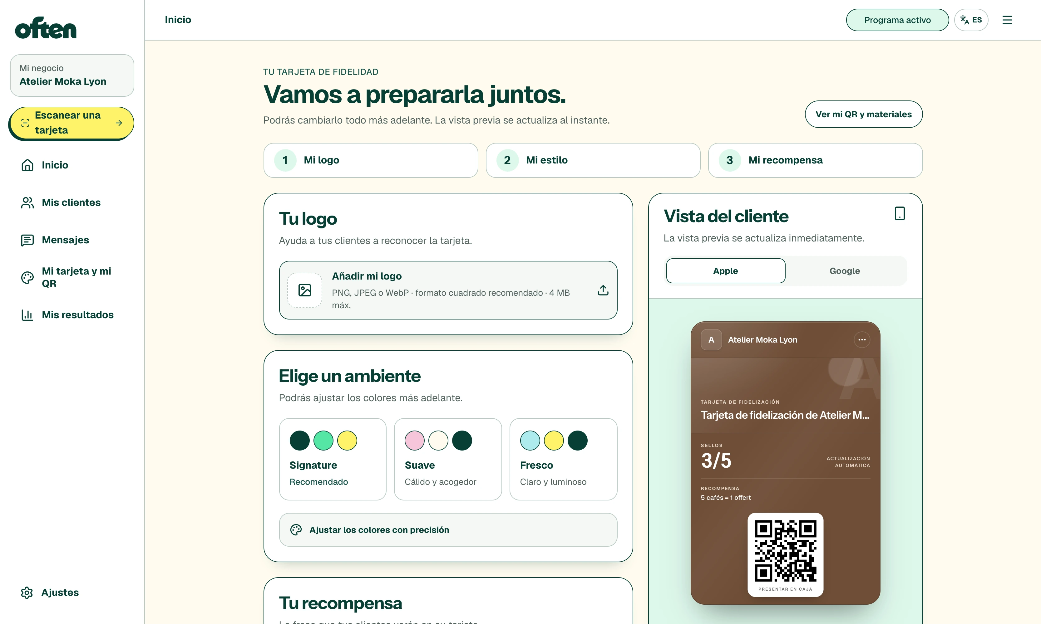 Estudio de tarjetas Often con vista Wallet y paleta de colores