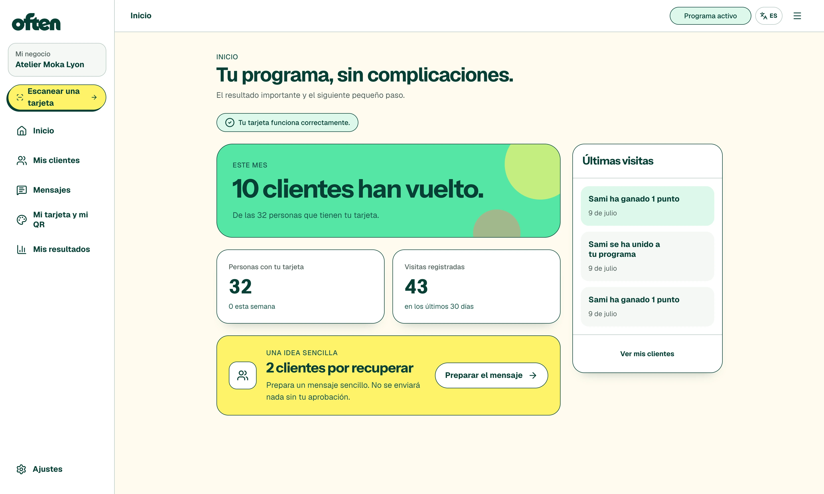 Panel real de Often con clientes recurrentes, tarjetas instaladas y visitas registradas