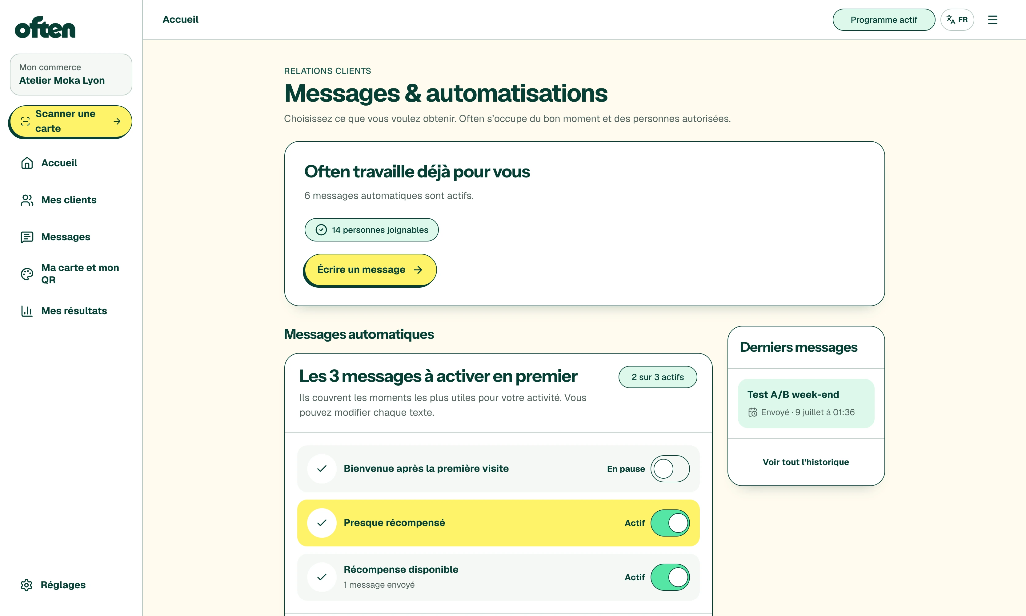 Interface Often des messages automatiques avec scénarios bienvenue et anniversaire