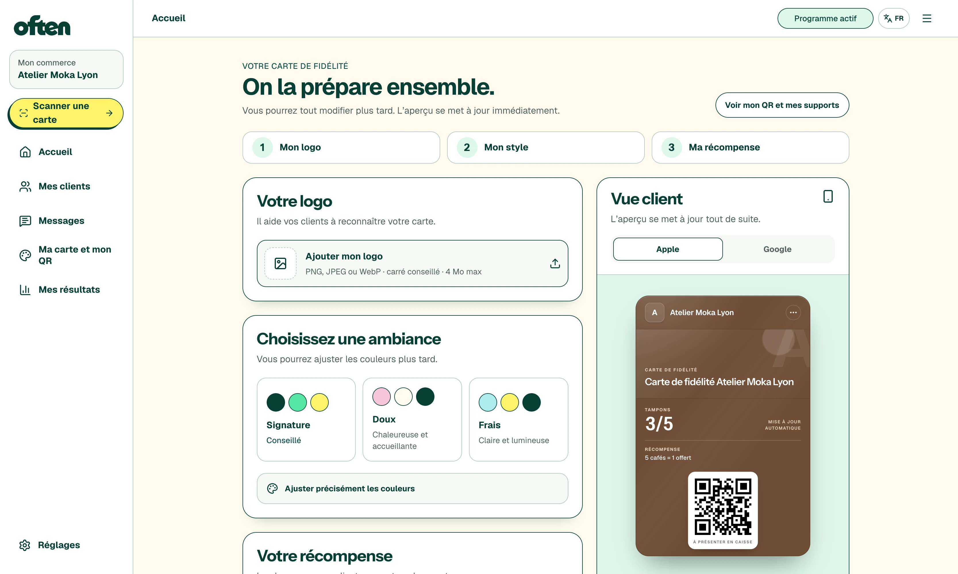 Studio Often de création d’une carte de fidélité avec aperçu Wallet et nuancier