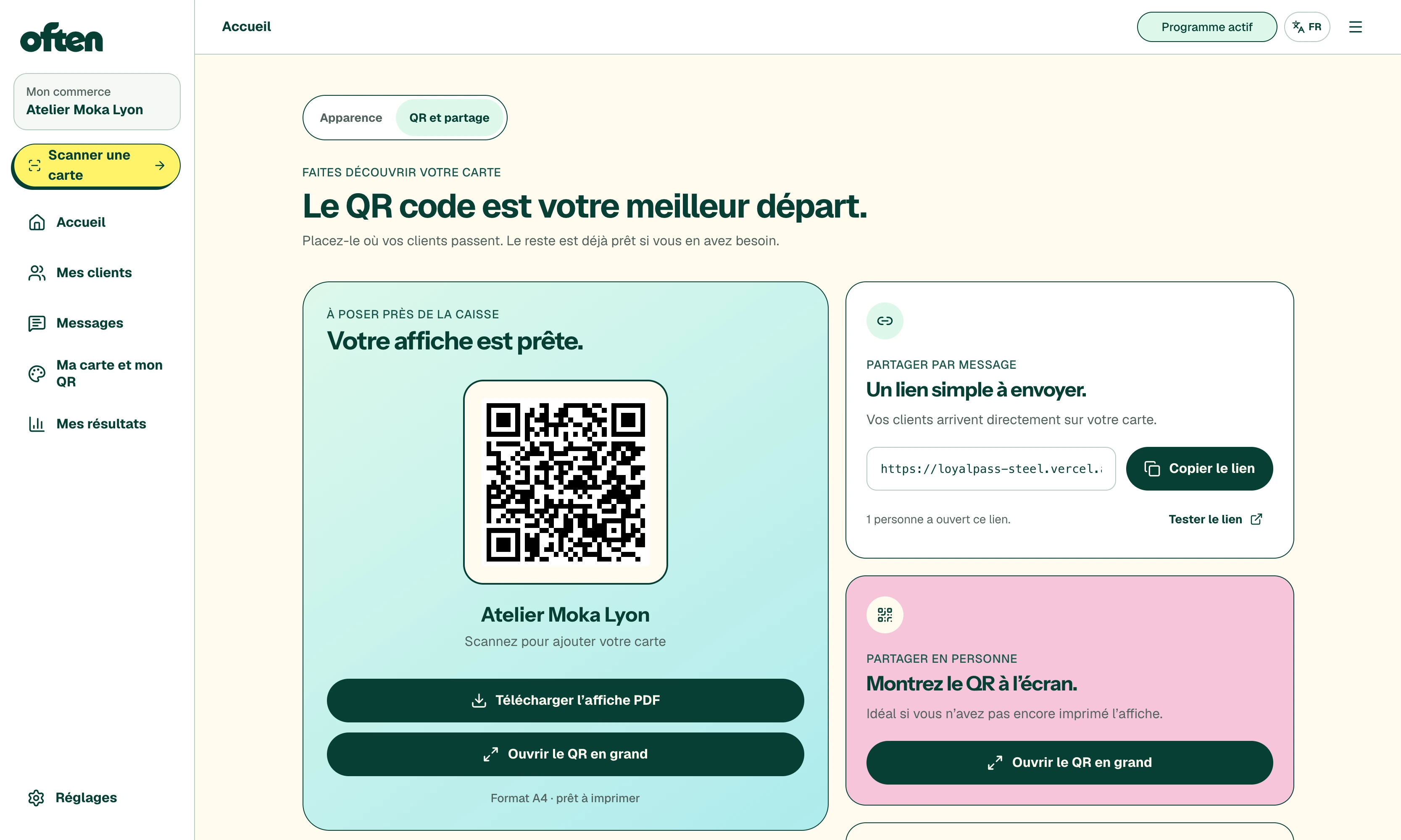 Parcours Often au comptoir avec QR code et ajout de la carte sur mobile