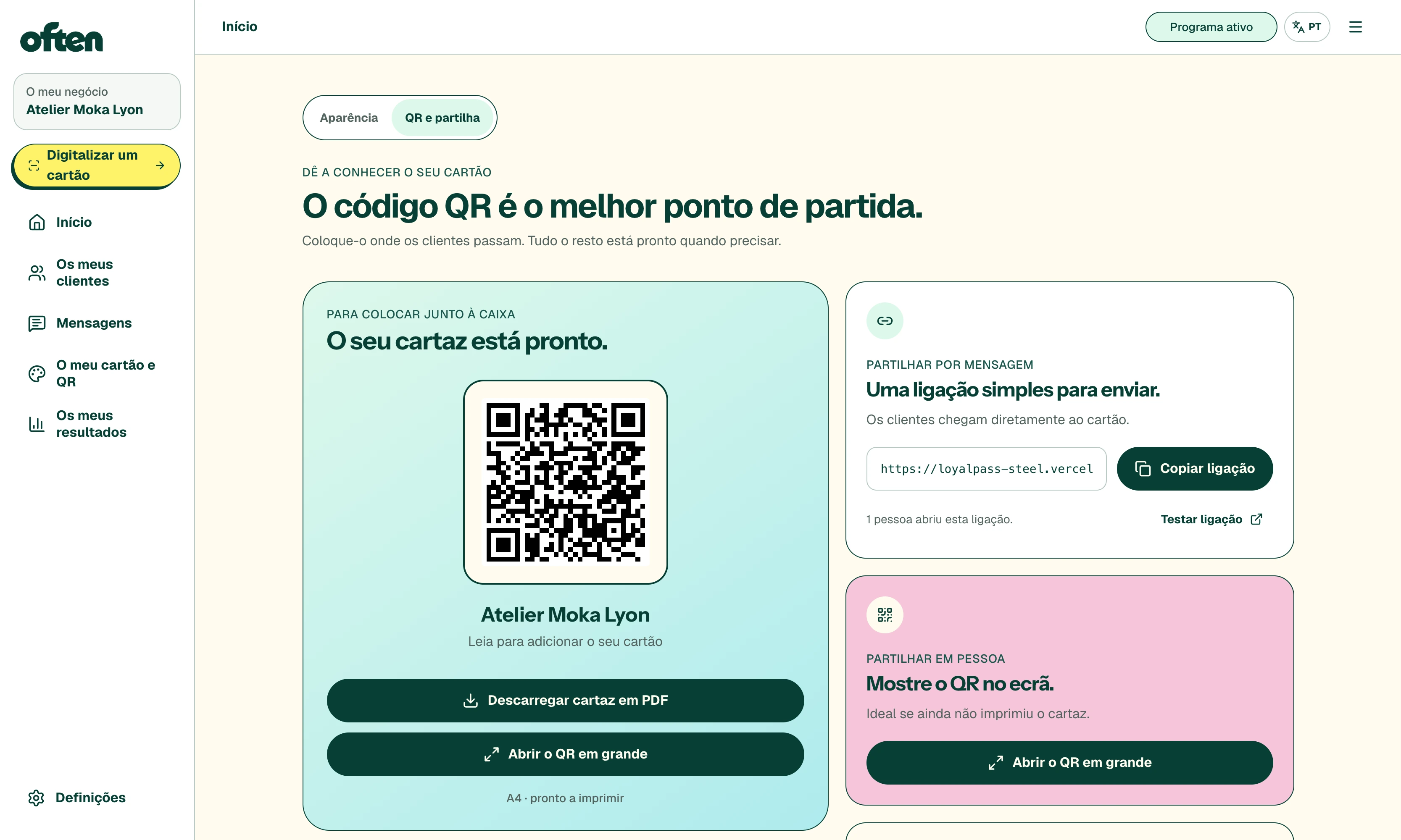 Percurso Often com QR e cartão adicionado no telemóvel